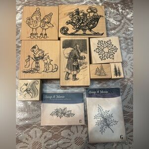 Lot of 10 Christmas Themed Stamps. 8 wood mounted and 2 static cling. ALL NEW!